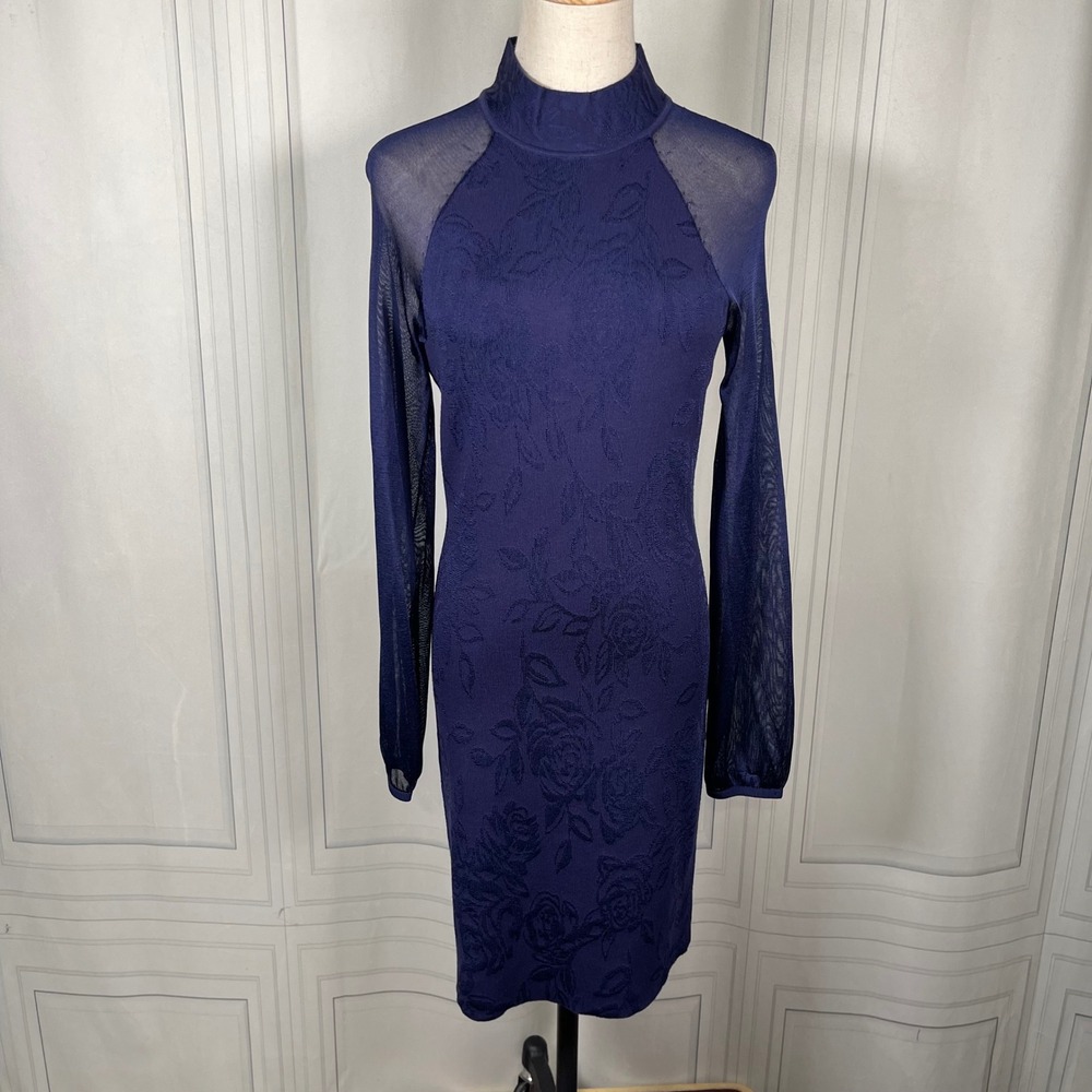 White House Black Market Blue Onyx Sheer Sleeve Jacquard Midi Dress XS